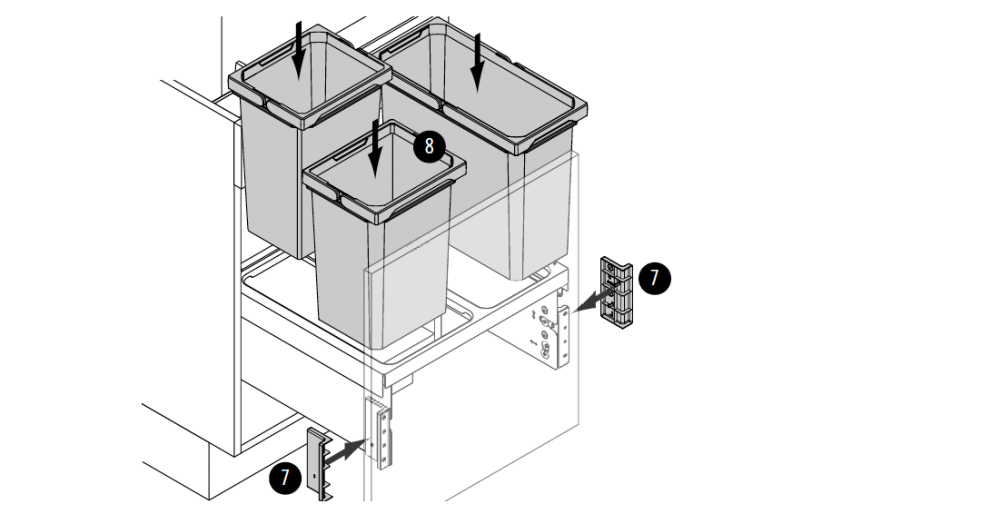 Bijna klaar. Plaats de emmers in het frame en bevestig de afdekkappen.